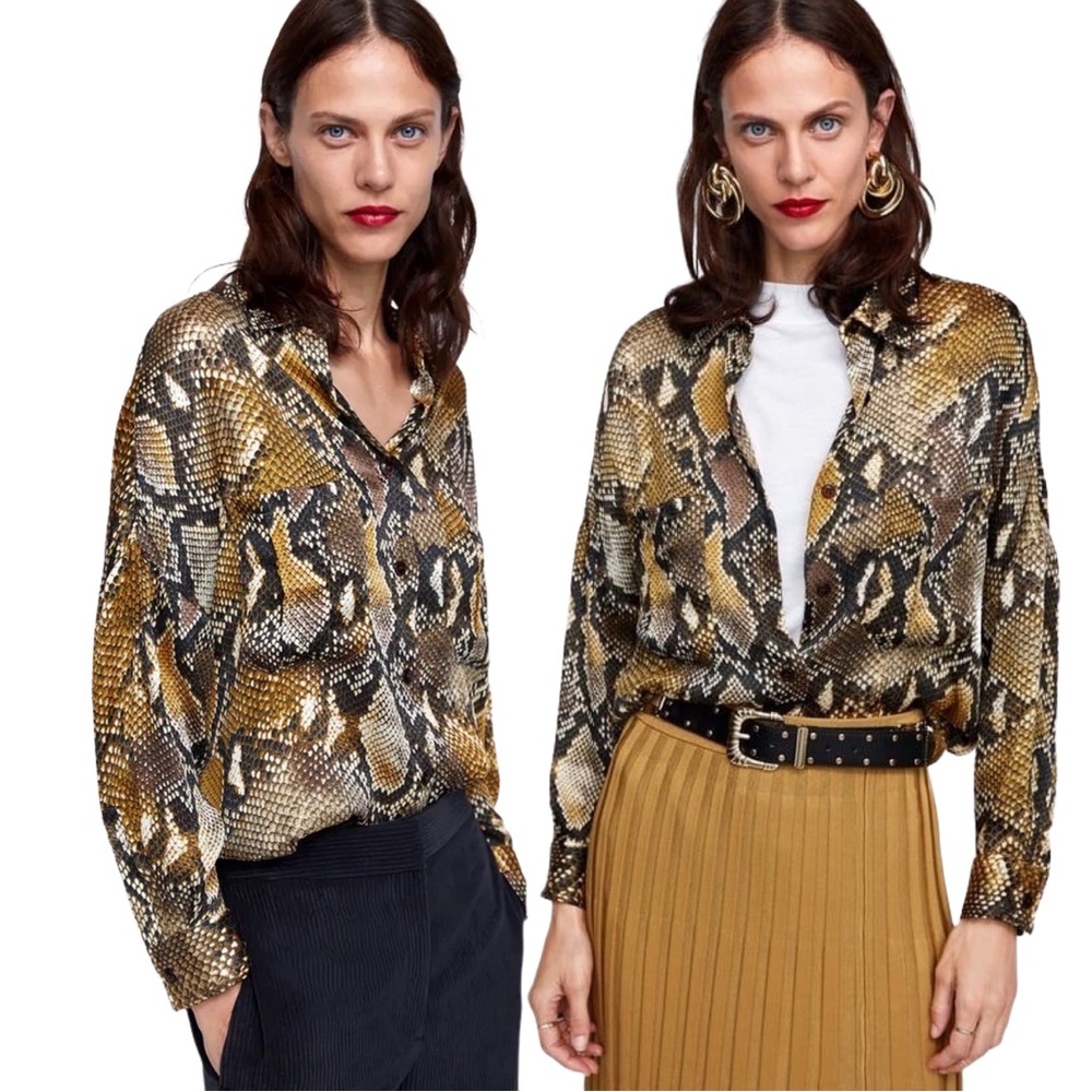 NWOT ZARA Denim Oversized Snakeskin Blouse Long Sleeve Maxi Top Python Tunic